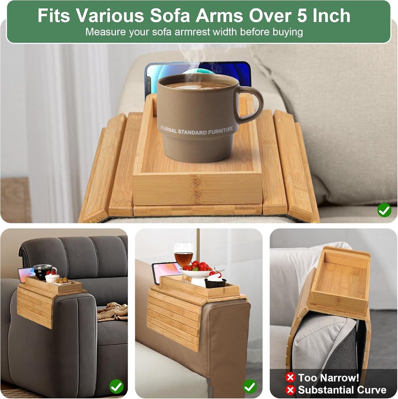 Joy&Grace Couch Arm Tray, 3-in-1 Magnetic Detachable Sofa Arm Table with Phone and Tablet Holder Bamboo Couch Cup Holder, Foldable Sofa Armrest Tray for Eating, Drinks, Phones (Natural) - Image 5